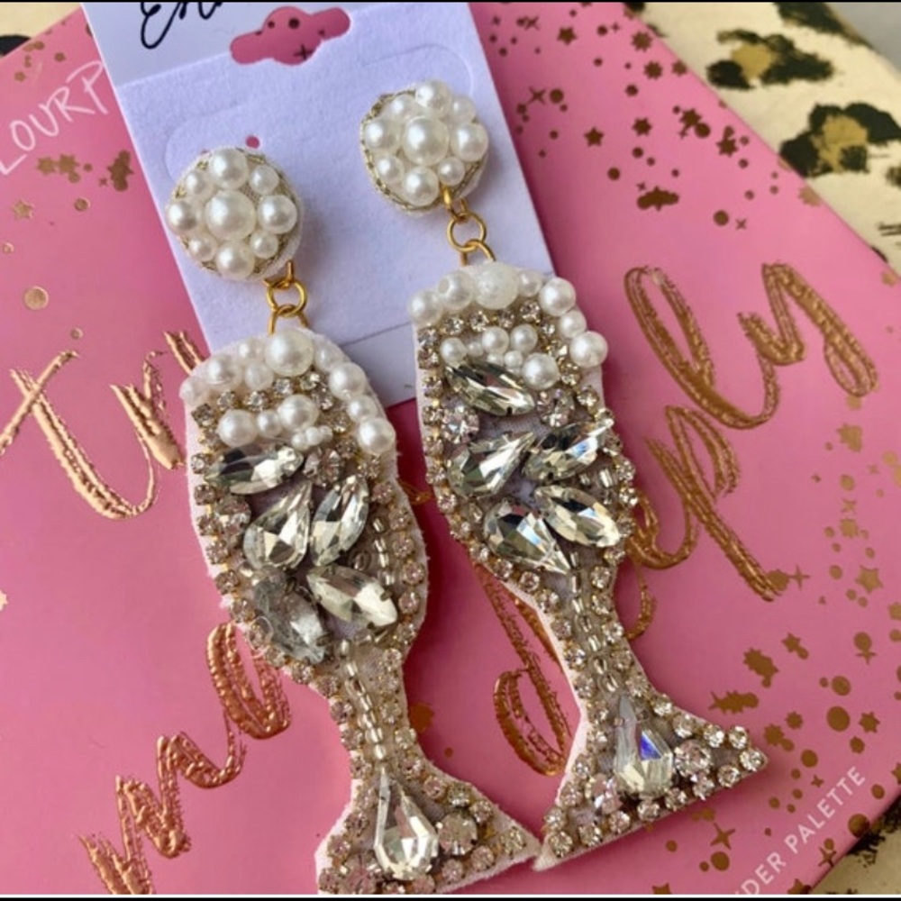 Champagne Flute Glass Rhinestone Beaded Statement Earrings